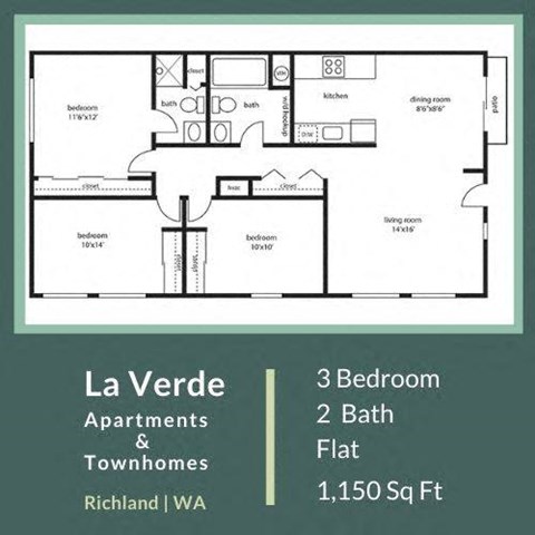 Floor plan for 3 beds, 2 baths, 1150 sqft